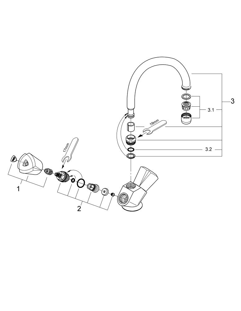 Как собрать кран. Смеситель для кухни Грое схема. Разобрать смеситель Грое для раковины. Разобрать кран Grohe для кухни. Разбор крана Grohe смеситель двухвентильный.