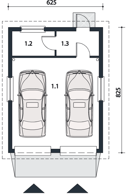 План гаража на 2 машины с двумя воротами