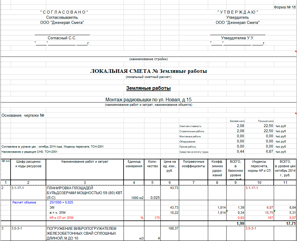 Смета по работам образец