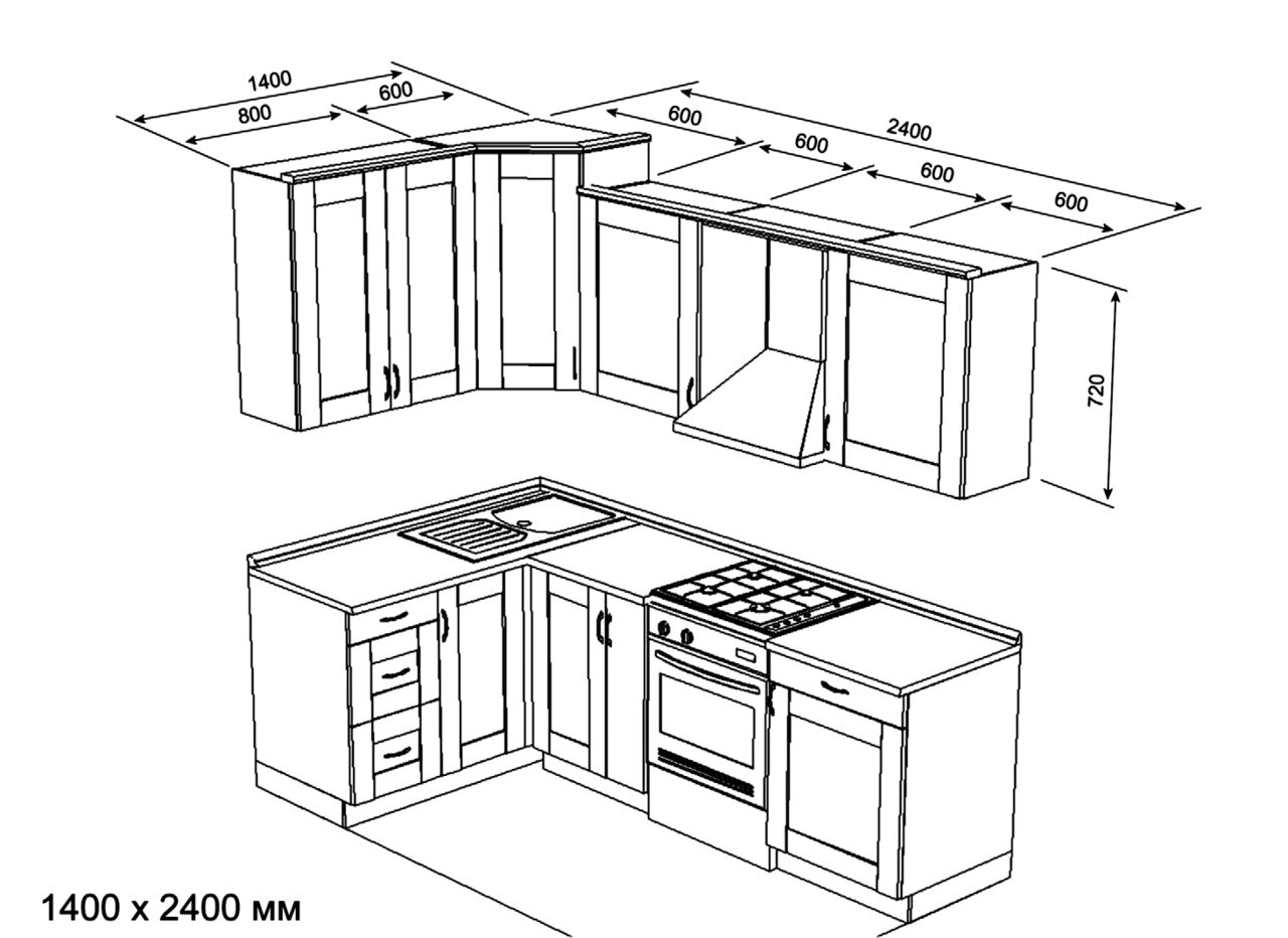 Проекты кухонных гарнитуров с размерами угловые