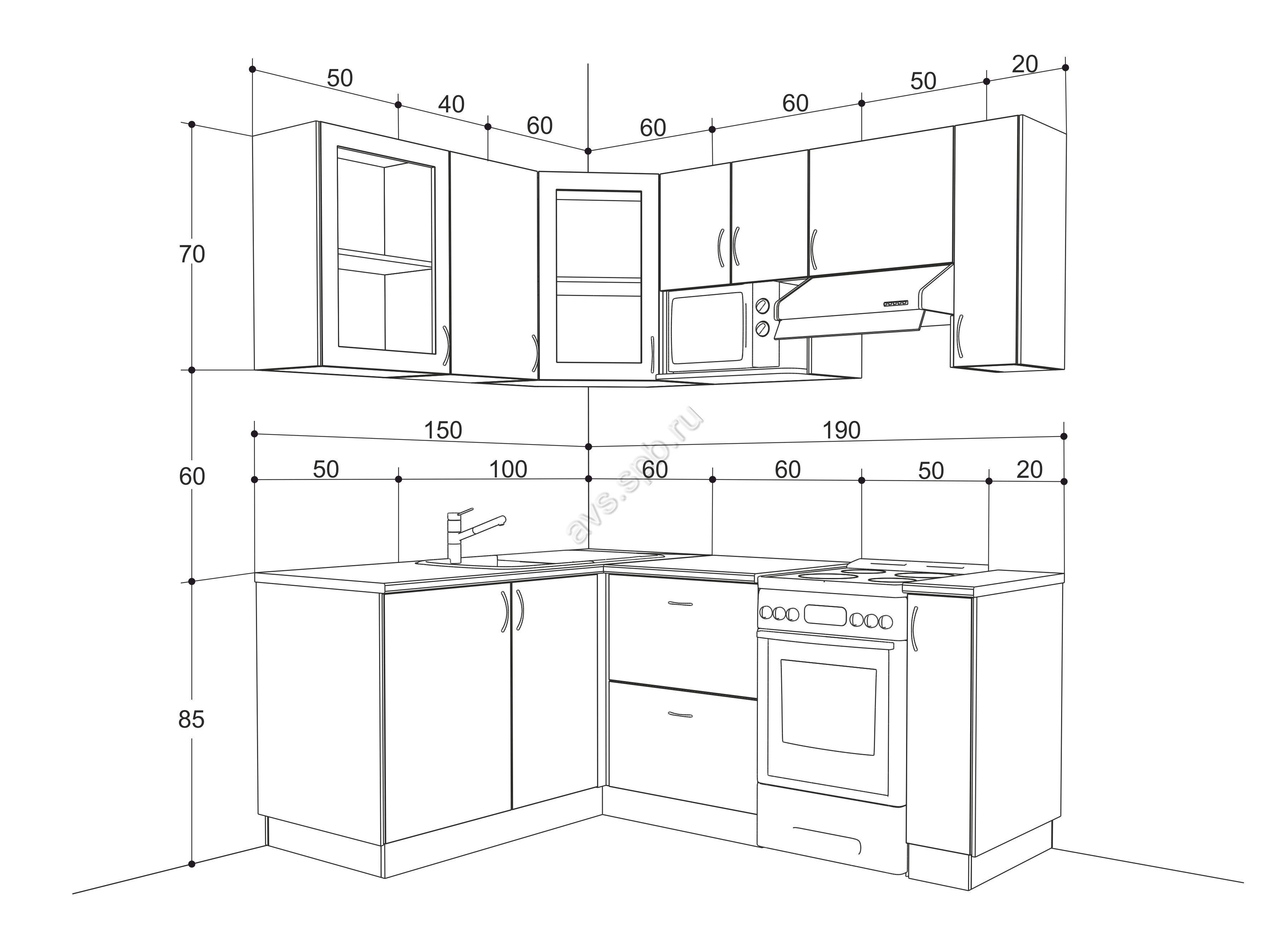 угловая кухня размеры чертежи