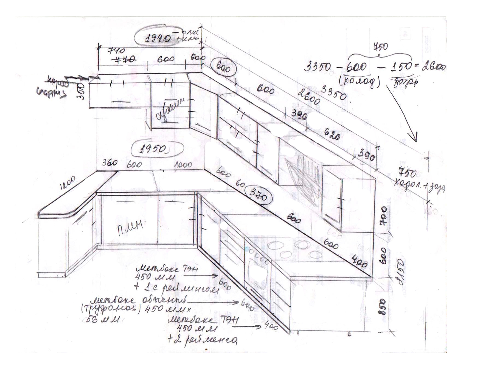 Кухонная мебель вид сбоку чертеж