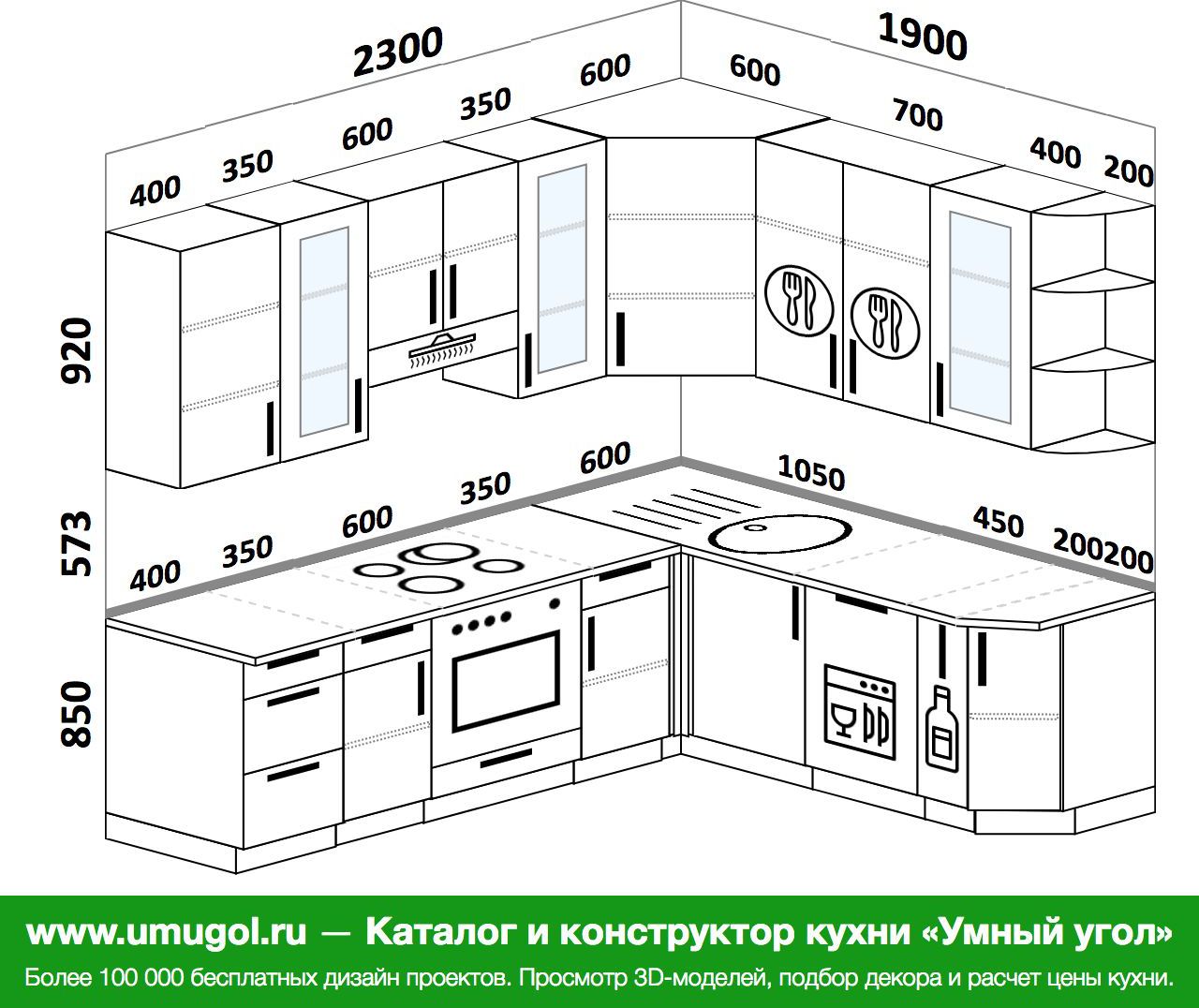 Проекты кухонных гарнитуров с размерами угловые